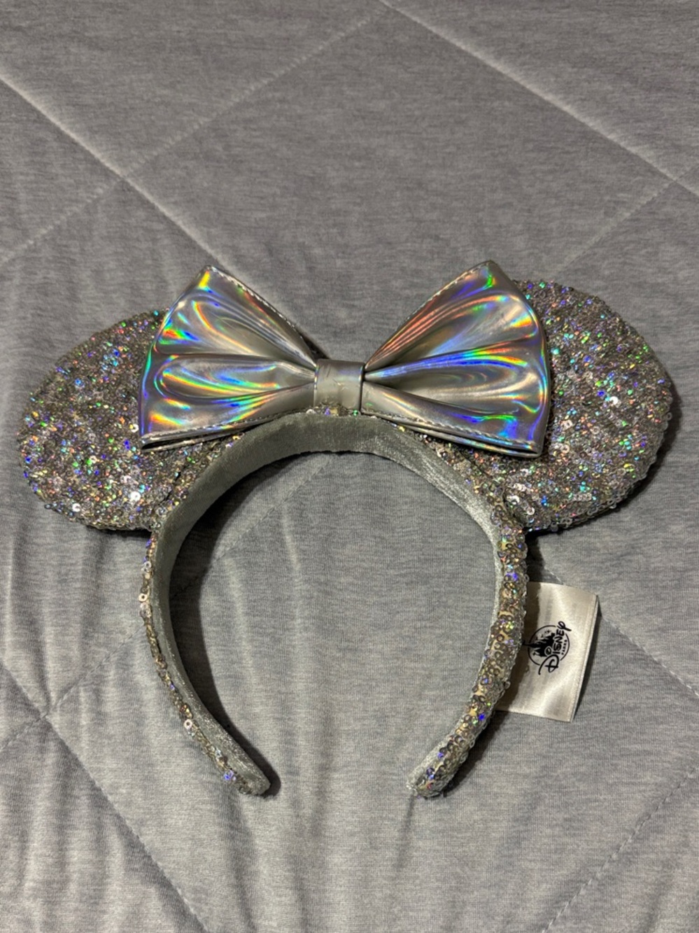 Disney Silver Glitter Minnie Ear Headband with Holographic Bow